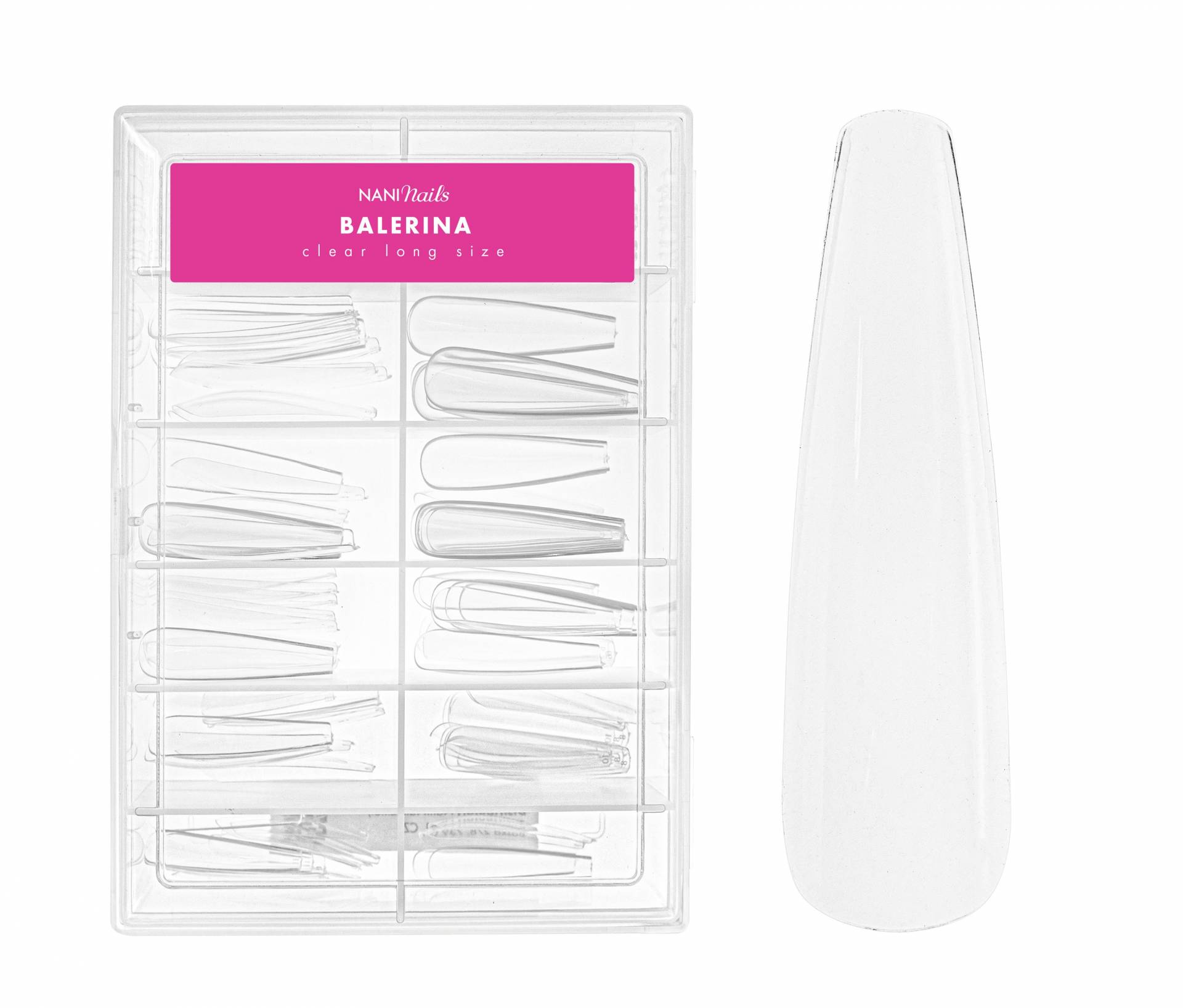 Tipsuri NANI în boxă, 120 buc., 10 mărimi - Balerina Clear, lungi
